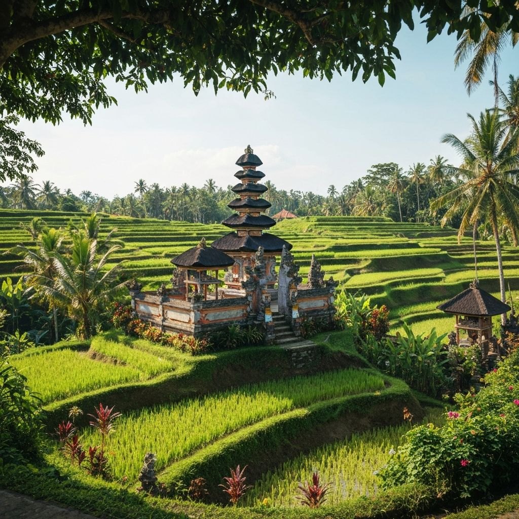 A tiered Balinese temple surrounded by emerald rice terraces
